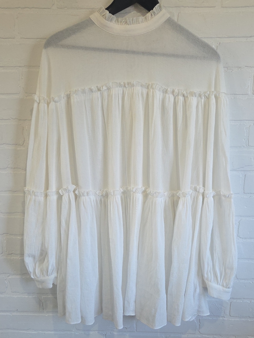 Urban Outfitters Cream Ruffle Tiered Long-Sleeve Mini Dress/Tunic